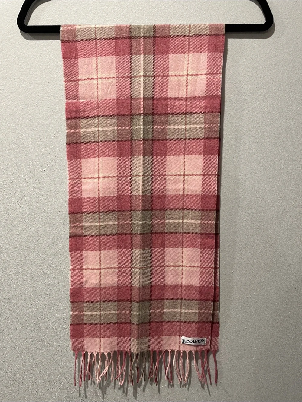 Pendleton Pink Plaid Wool Fringe Scarf